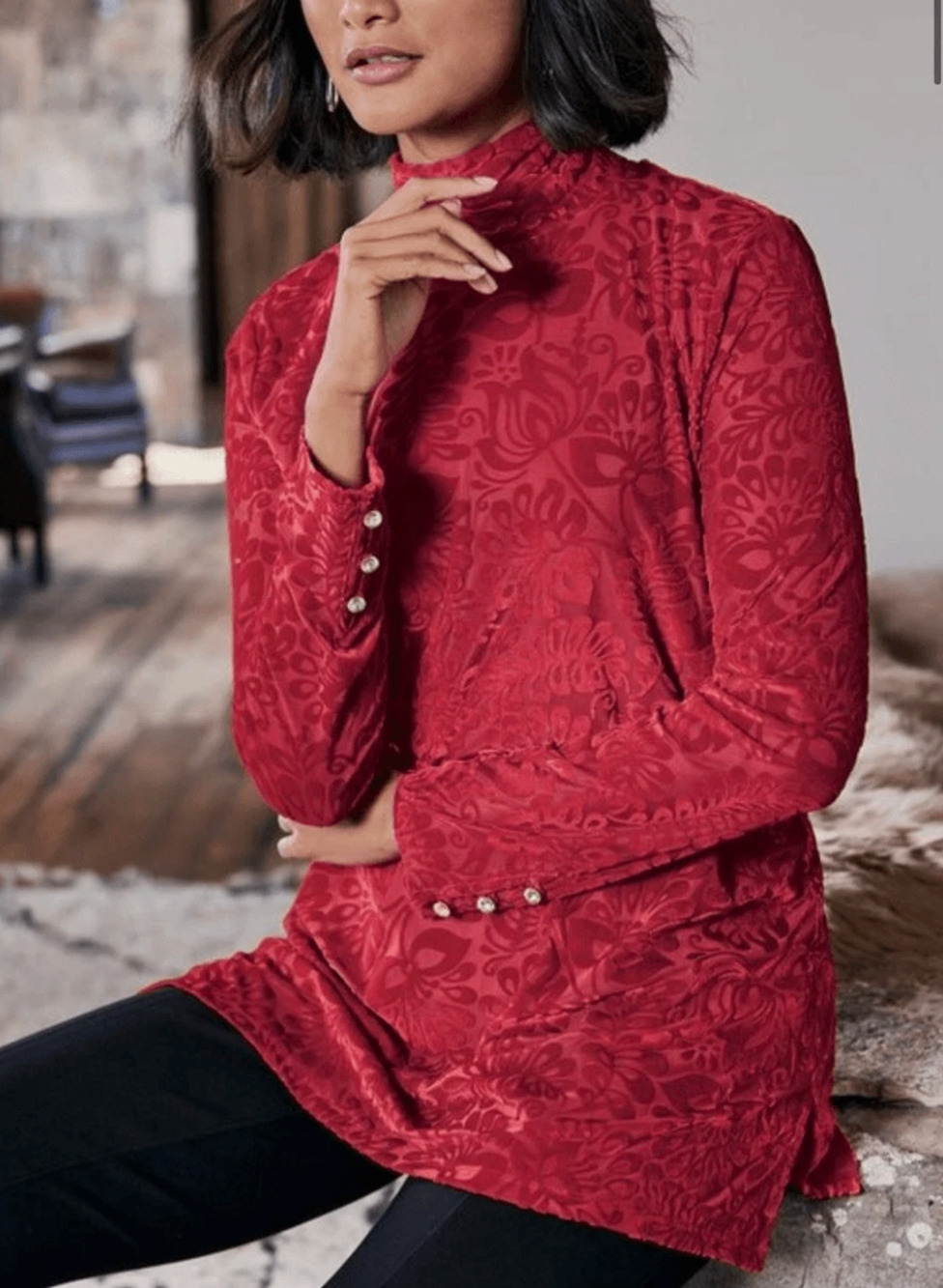 Soft Surroundings Walden Velvet Turtleneck Red Dahlia Burnout Tunic Top NWOT 2X